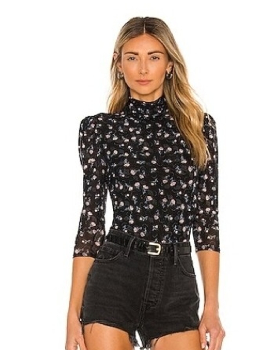 Free People Gather Tee In Midnight Black Floral Mock-Neck 3/4 Ruched Sleeve Lge